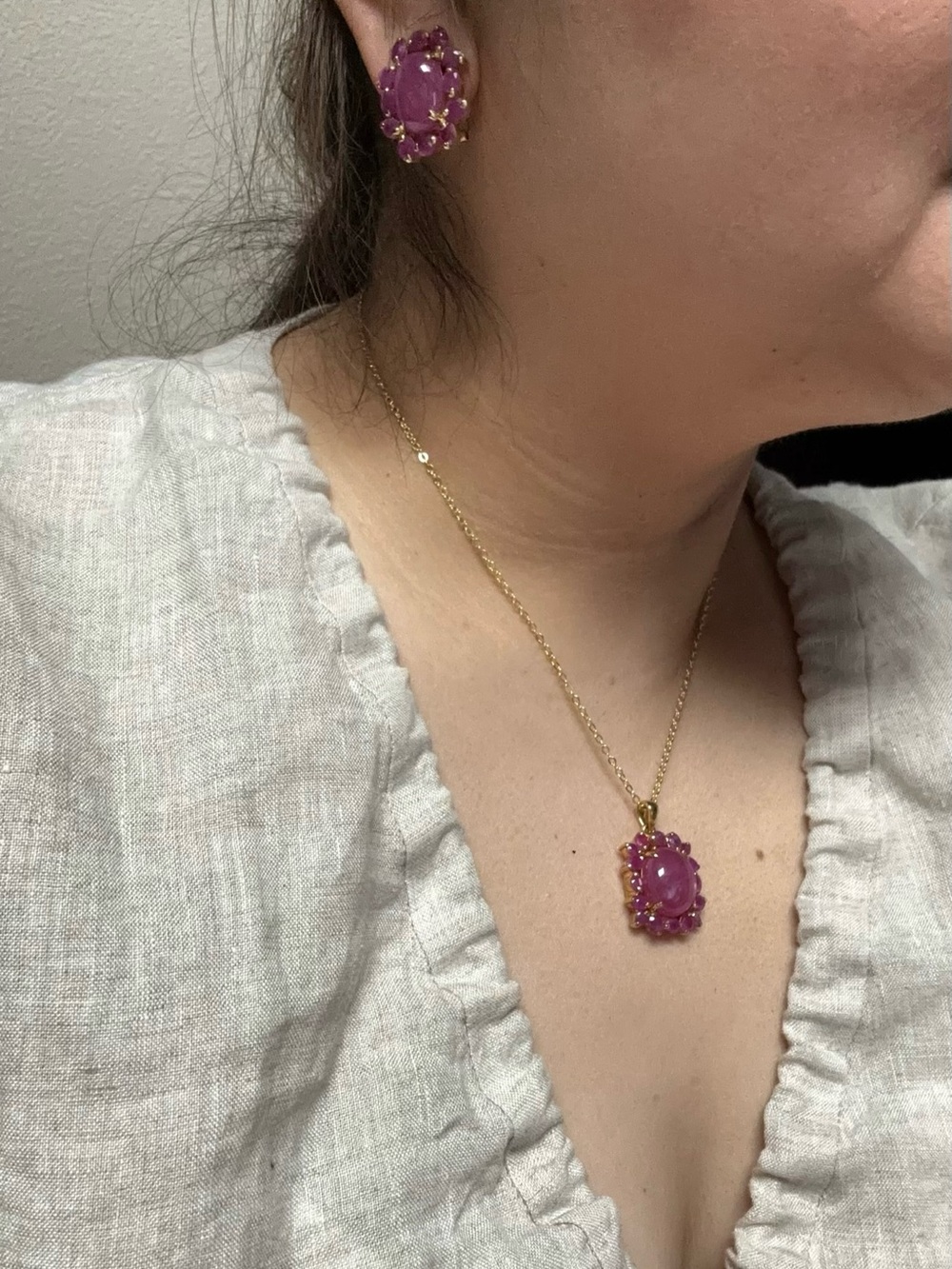 Ring size 9, Earrings, Pendabt Set with Natural Ruby cluster and cabuchon
